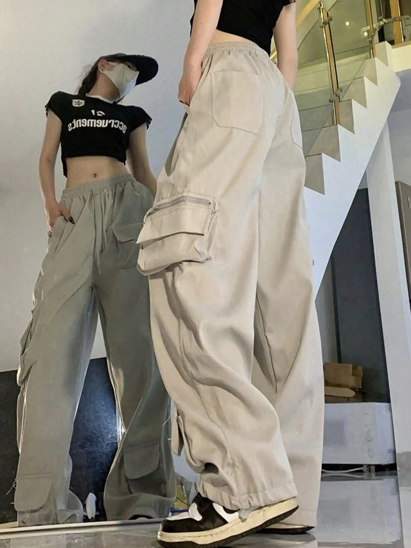 CN Womens Loose Parachute Pants High Waist Drawstring