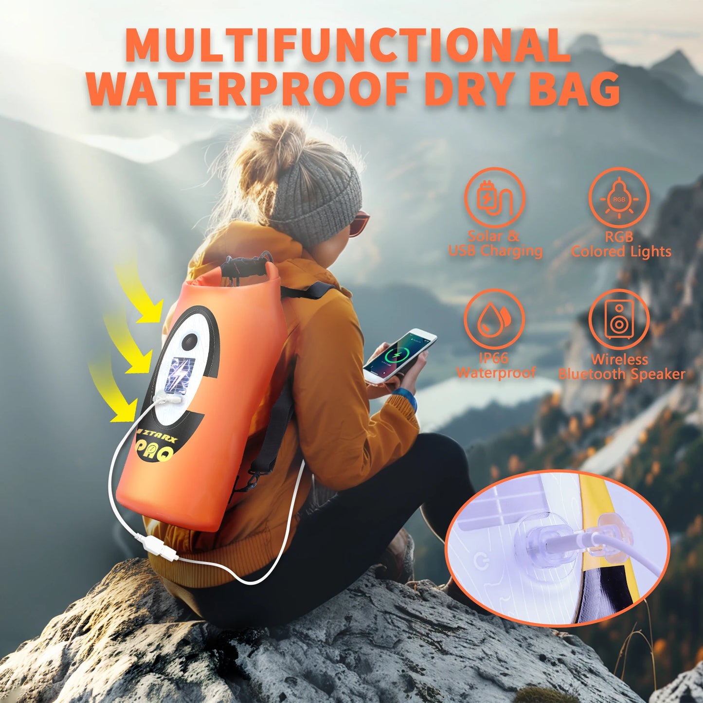 SELORSS Solar Battery Waterproof Hiking Backpack BT Speaker