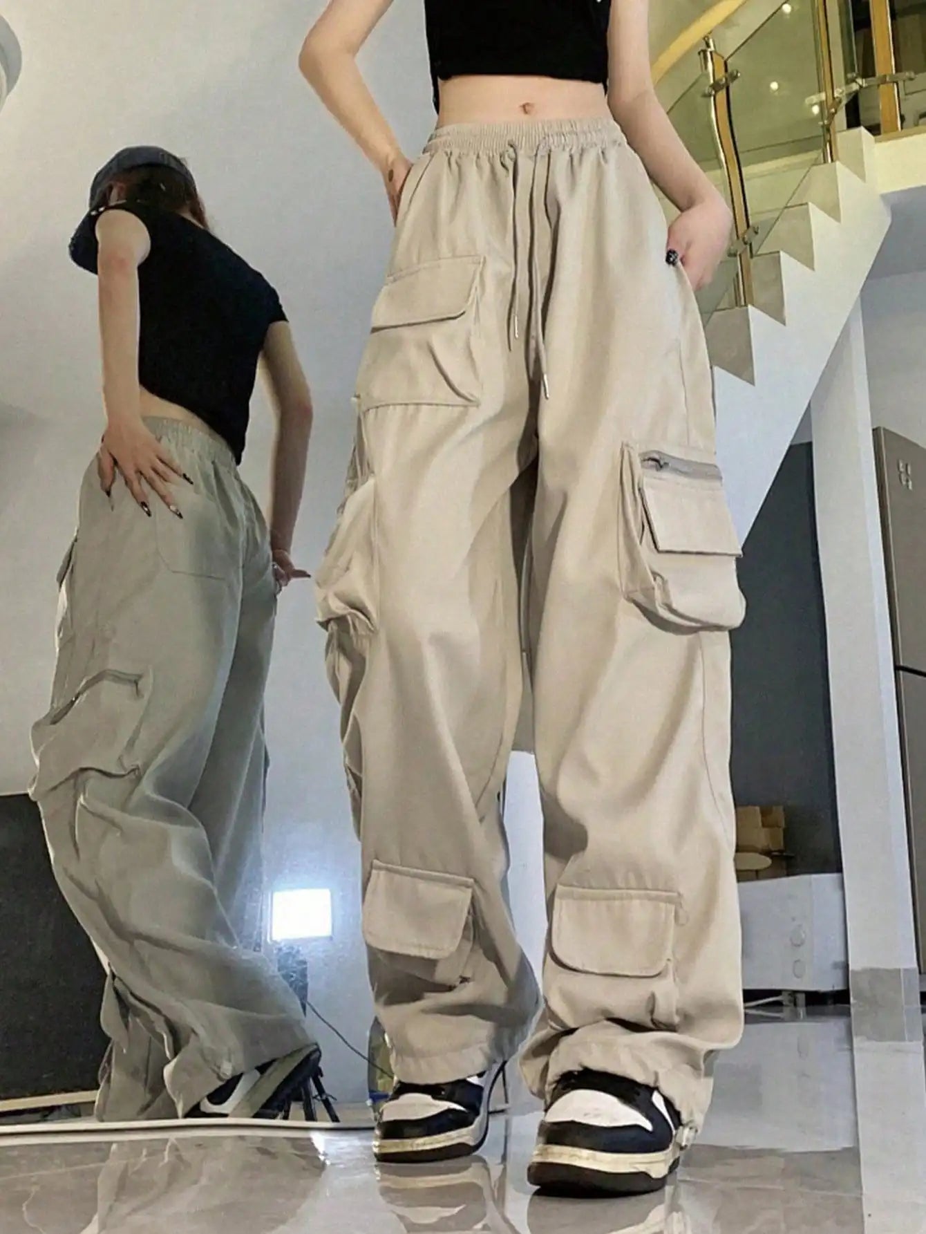 CN Womens Loose Parachute Pants High Waist Drawstring