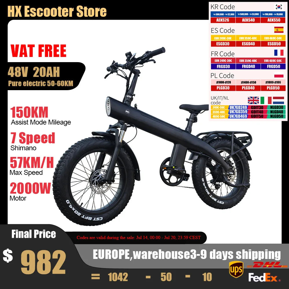 Huanci Q3 2000W Folding Electric Bike Fat Tire 48V 20Ah