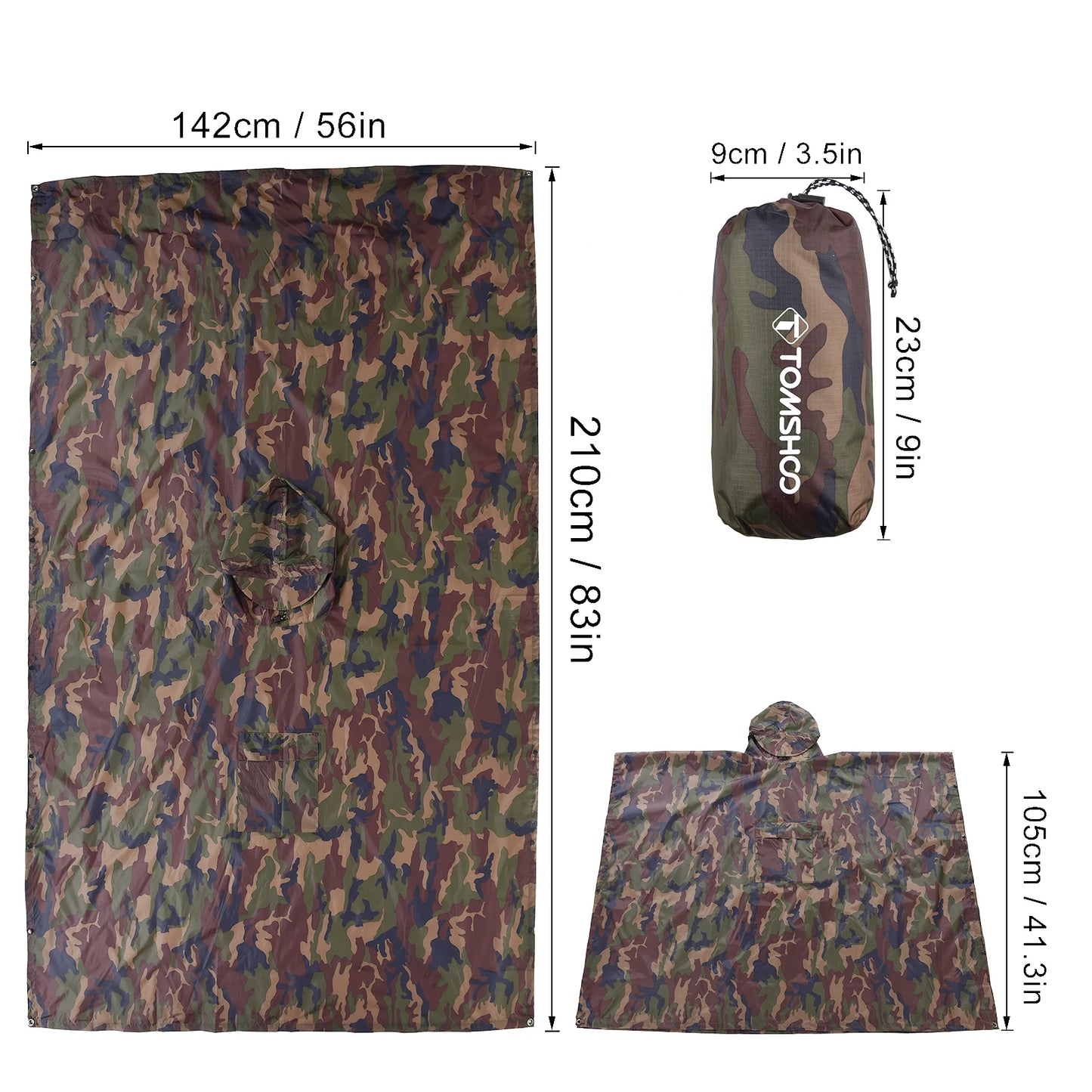 Tomshoo Hooded Rain Poncho For Outdoor Hiking And Travel