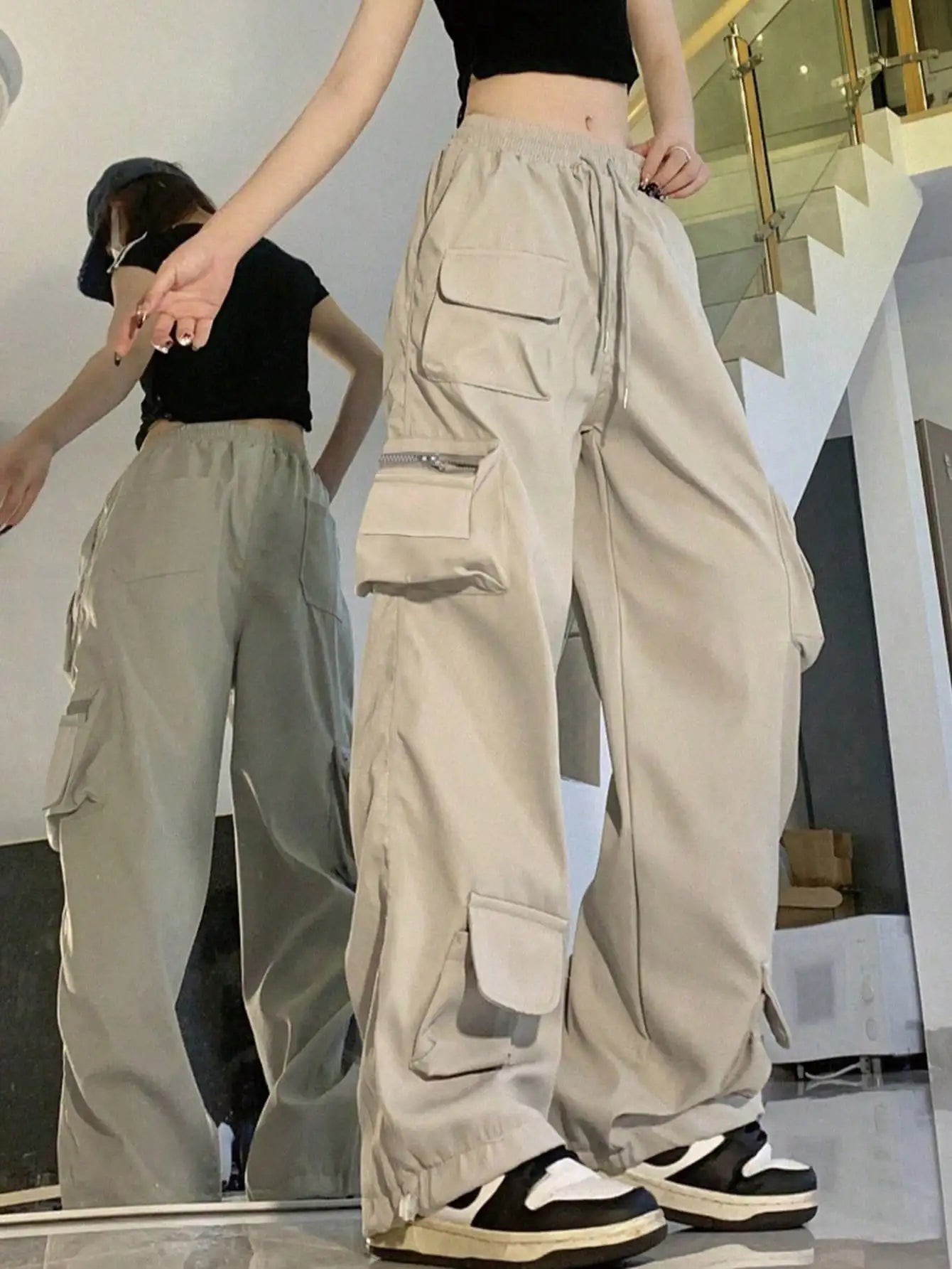 CN Womens Loose Parachute Pants High Waist Drawstring