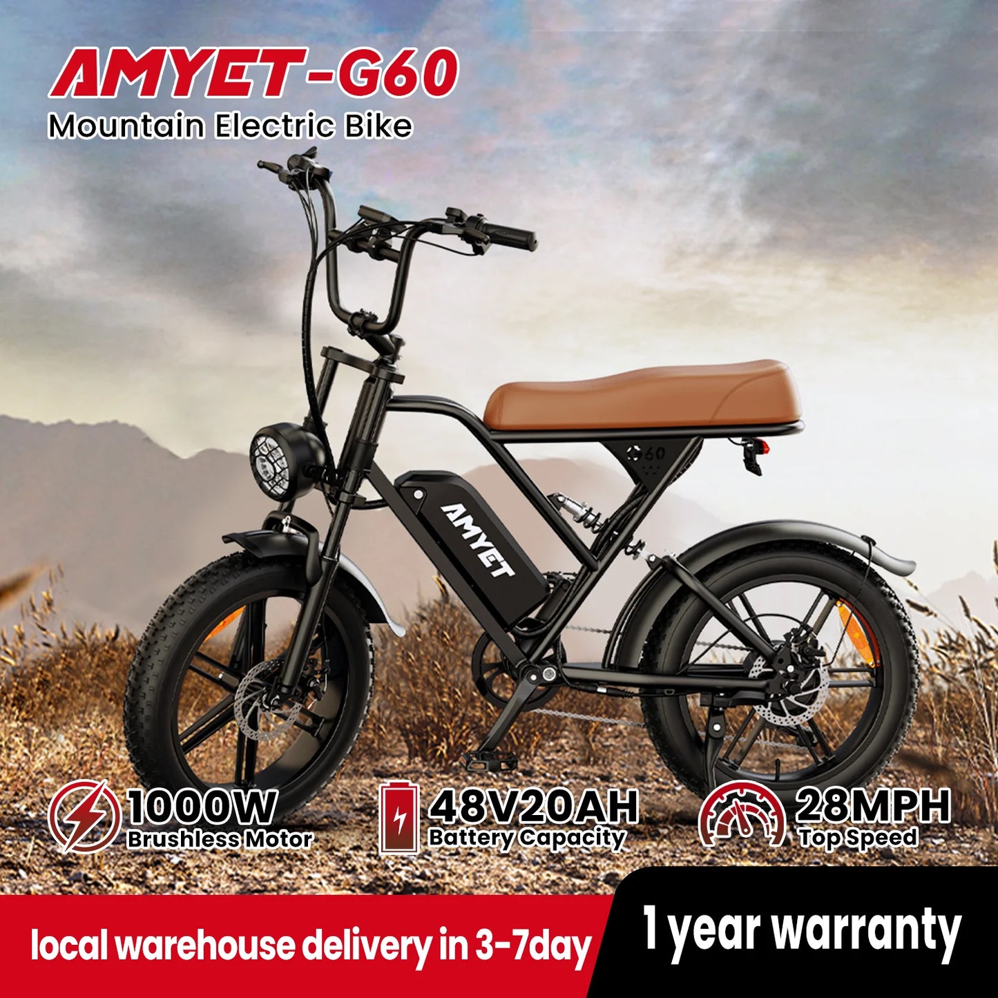 AMYET V9 G60 1000W Electric Mountain Ebike Trail Ready