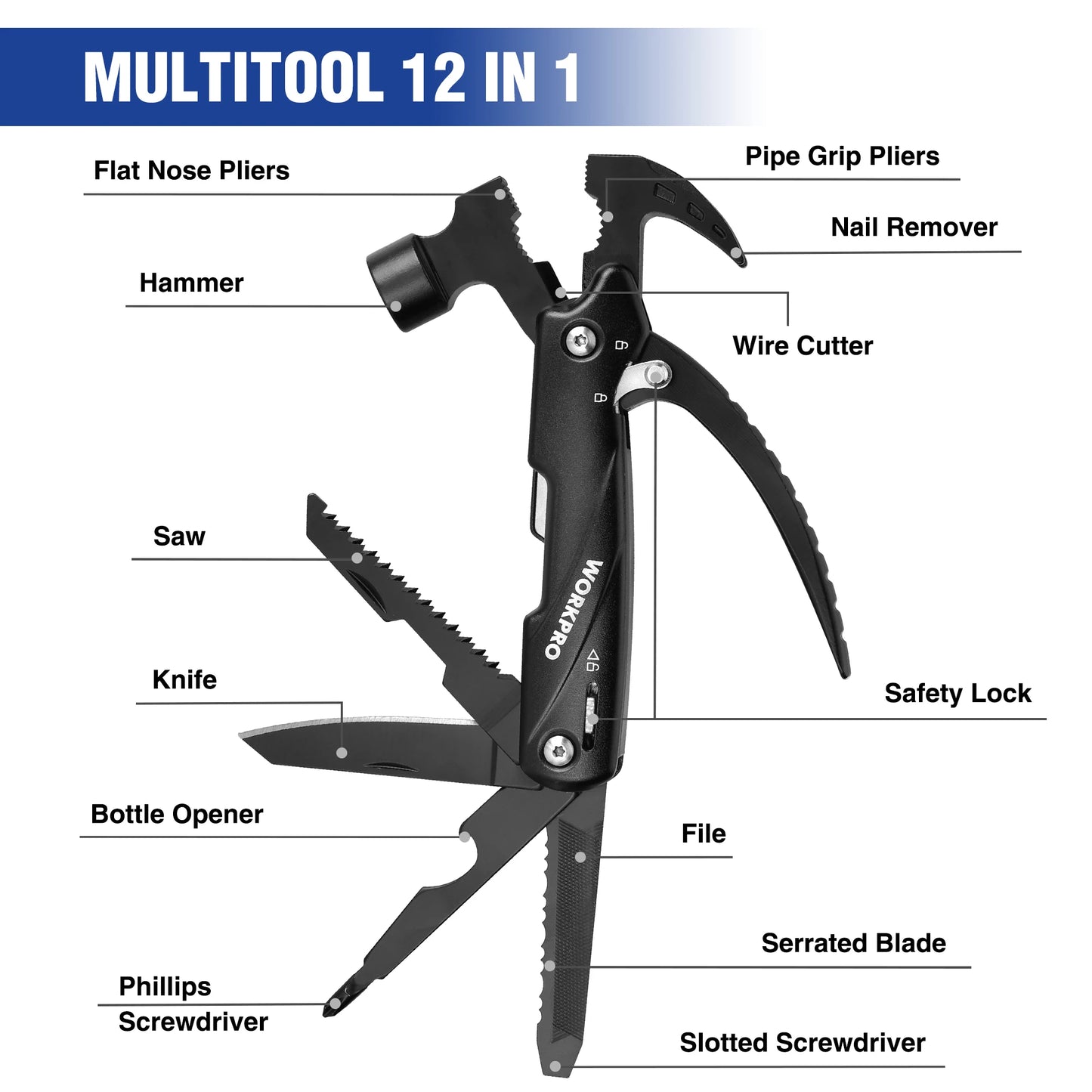 WORKPRO 12 In 1 Hammer Multitool Portable Stainless Steel